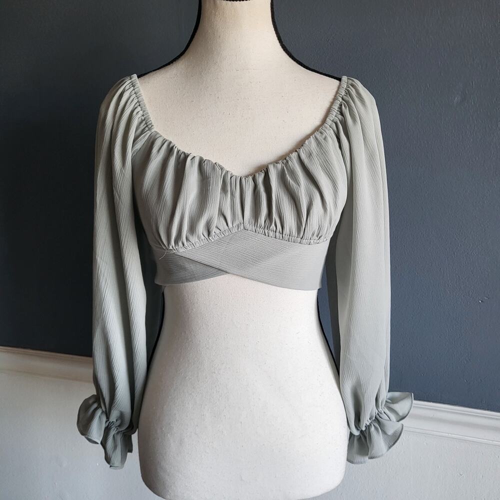 NWT Hello Molly Sage Green Crop Top Blouse | Long Sleeve Ruched Milkmaid Style,S